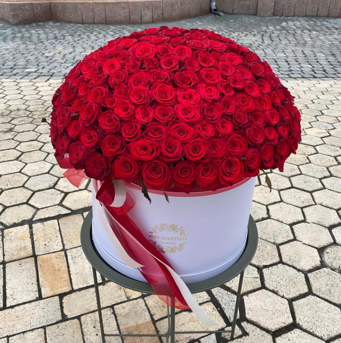 301 красная роза в шляпной коробке XL «Незабываемый вечер»